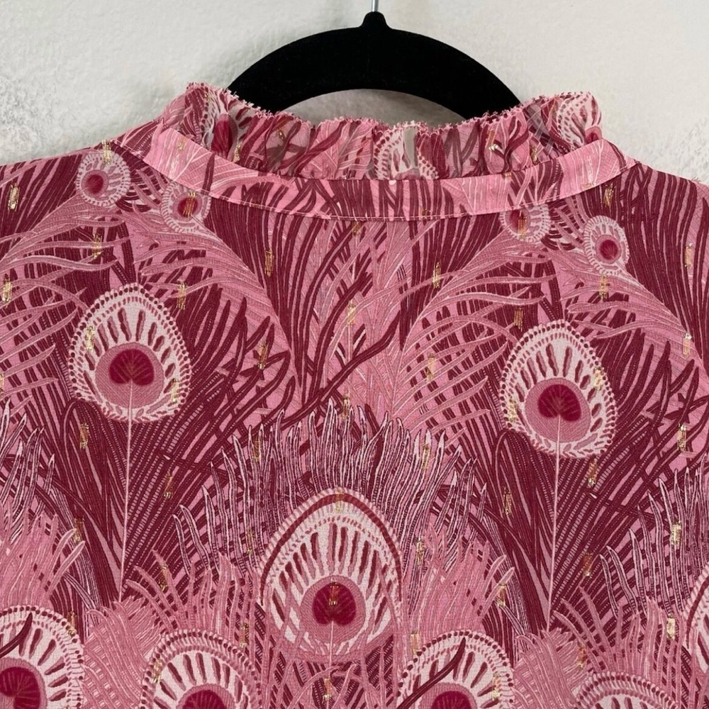 Talbots Women Pink Peacock Feathers Top Ruffle Blouse Size L - Picture 6 of 14